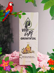Vivi Natural Hair Growth Oil bottle close-up with organic label for trust.