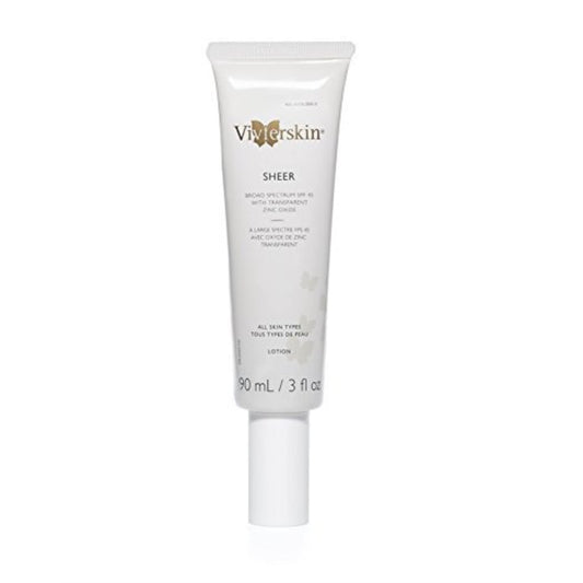 Vivier Skin SPF 45 sheer bottle highlighting weightless sunscreen with UVA/UVB protection