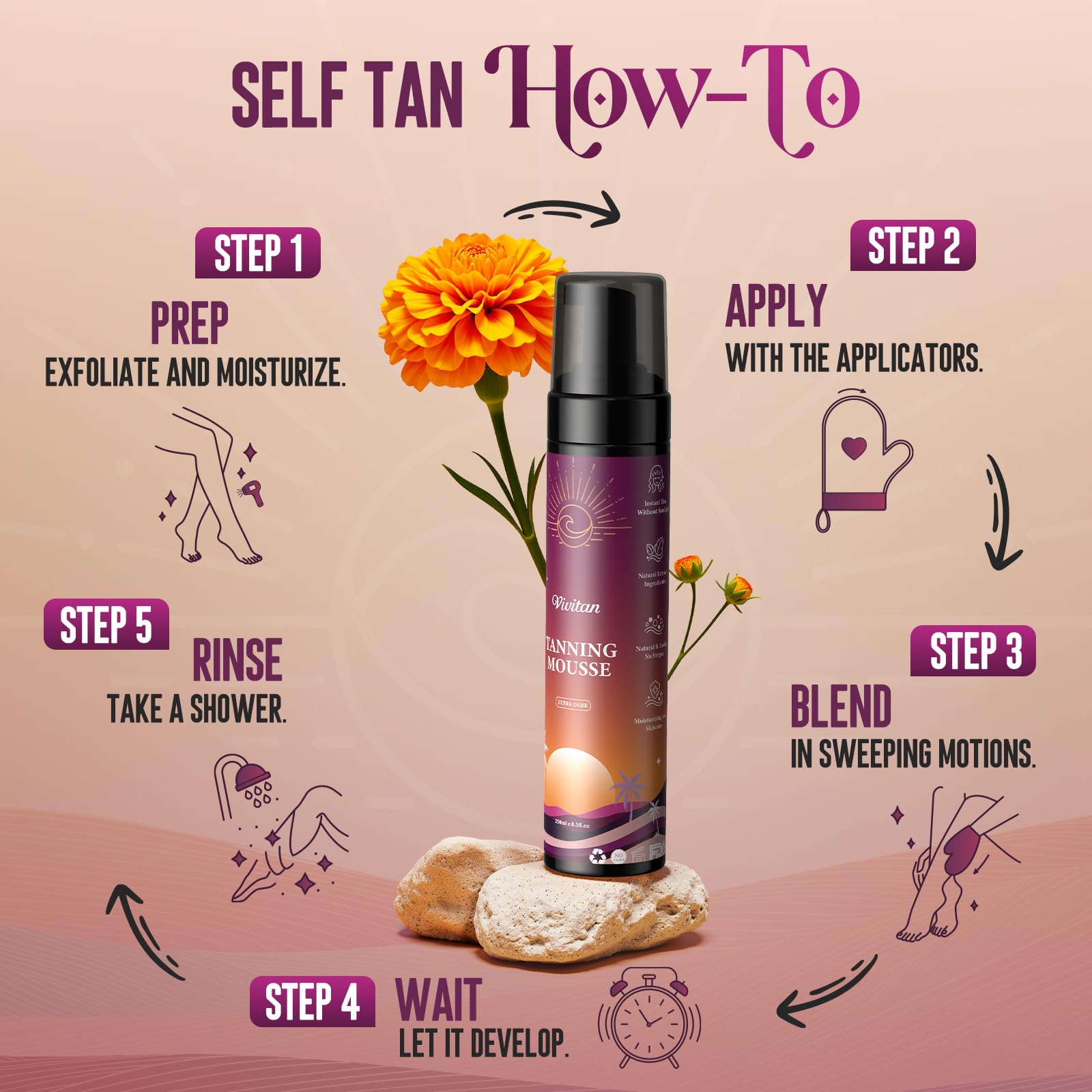 Vivitan 1-hour glow develops after application for faster, natural-looking color.