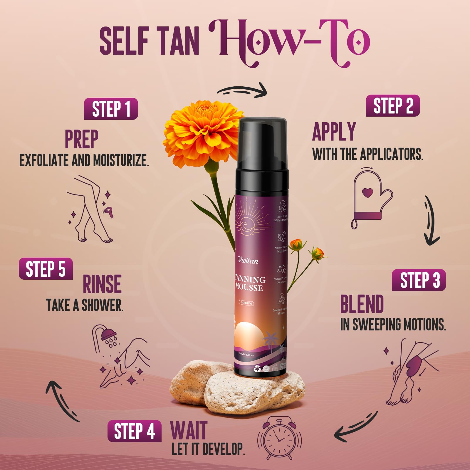 Vivitan mousse being applied with smooth, even motion on skin