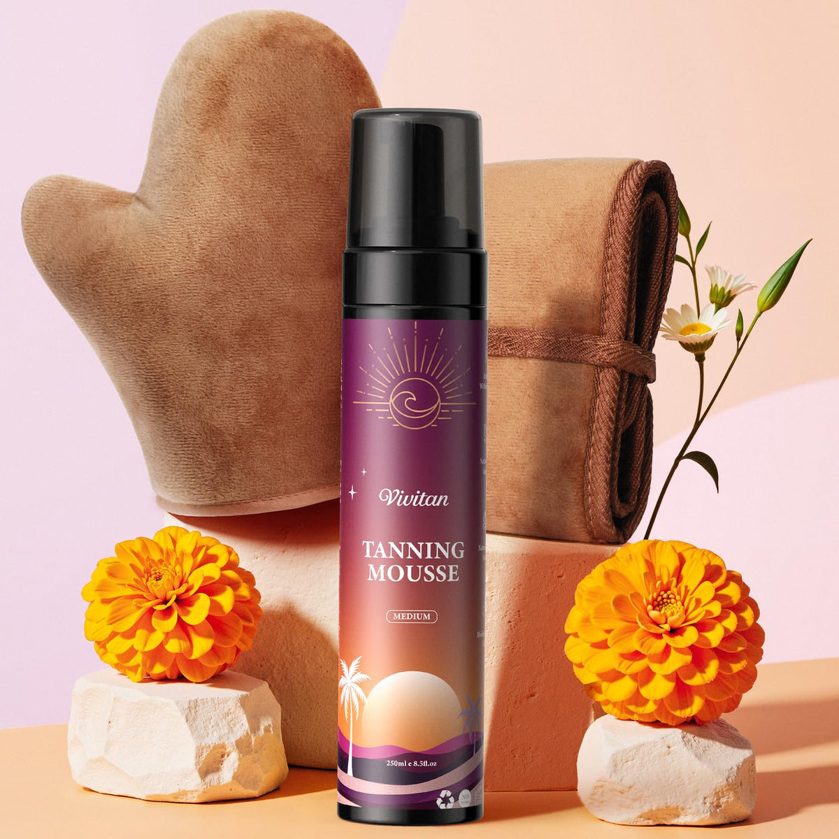 Vivitan Self Tanner mousse bottle shows natural medium bronze shade for a believable glow