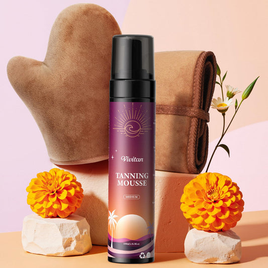 Vivitan Self Tanner mousse bottle shows natural medium bronze shade for a believable glow