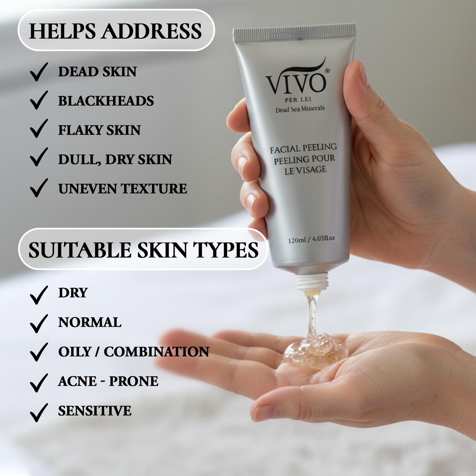 Rinse moment after using Vivo Per Lei peeling gel on the face.