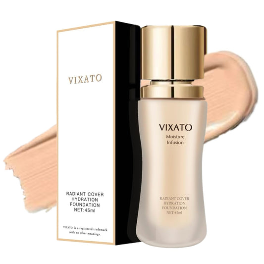 VIXATO Foundation Concealer liquid bottle demonstrates smooth, natural finish and long-wearing hydration.