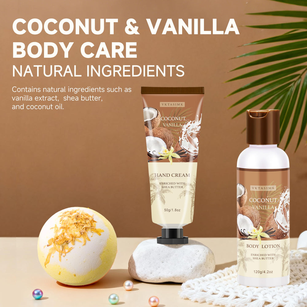 VKTASIMK coconut vanilla soy candle creates a tropical ambiance.