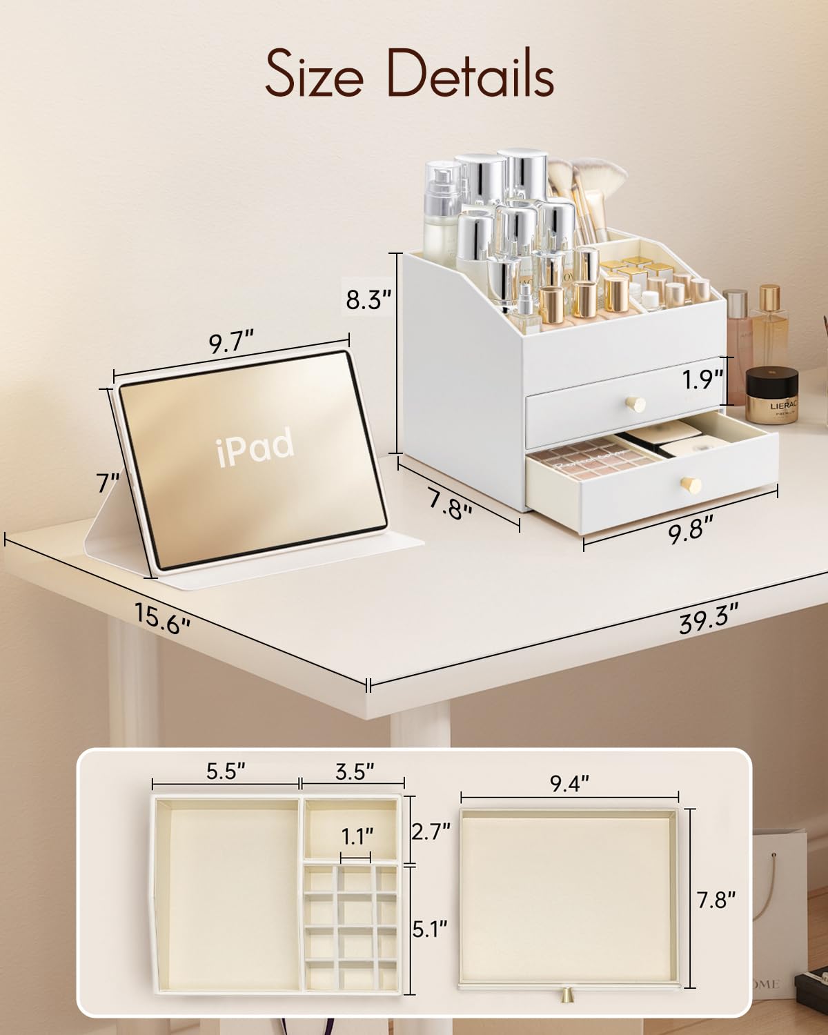 Lower drawers store small accessories and tools securely