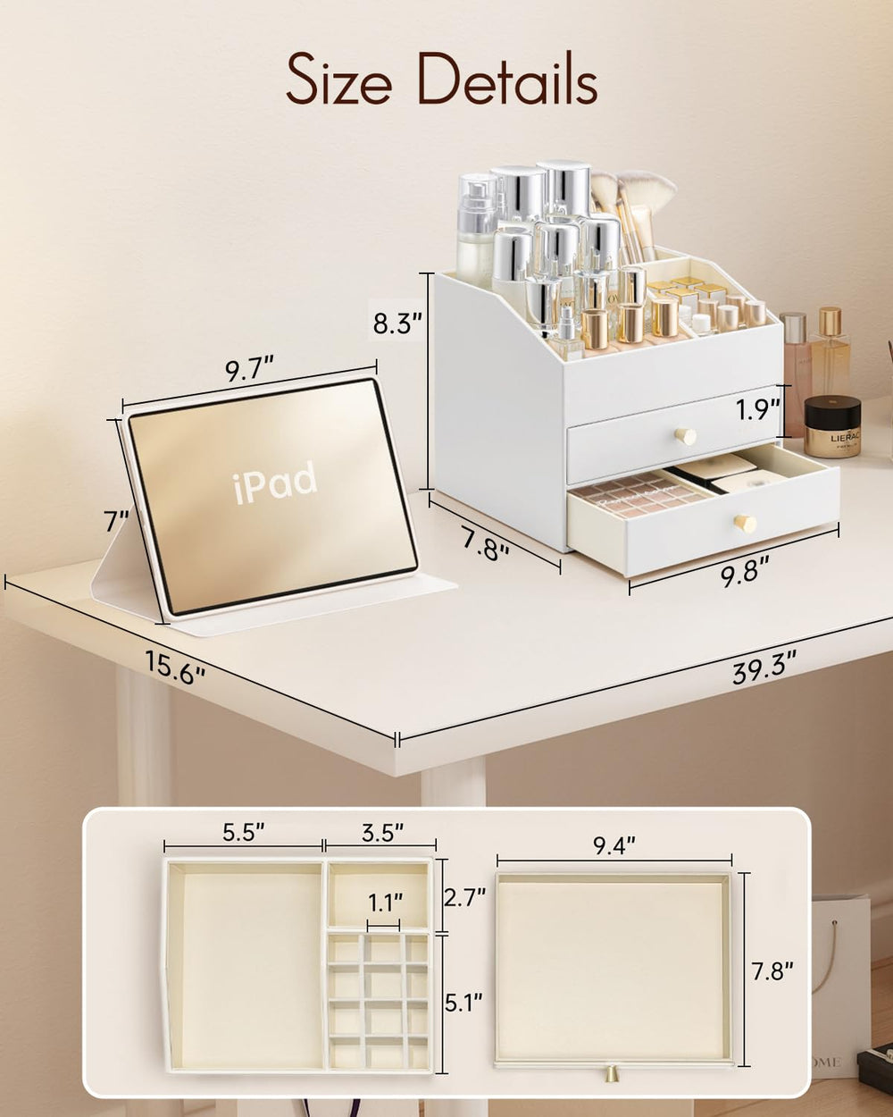 Lower drawers store small accessories and tools securely