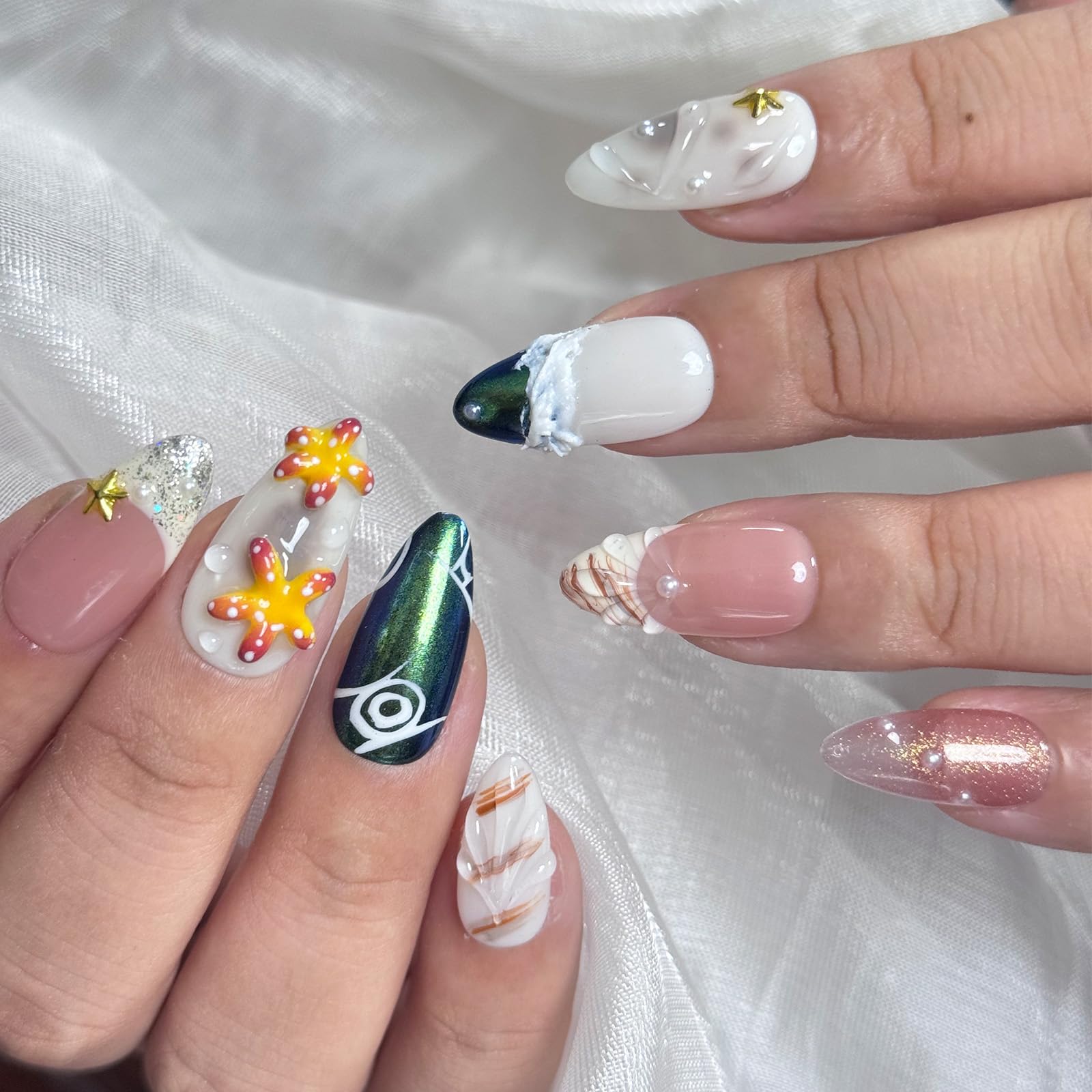 Vlazryk 3D almond nails featuring pearl shell for salon-quality finish at home
