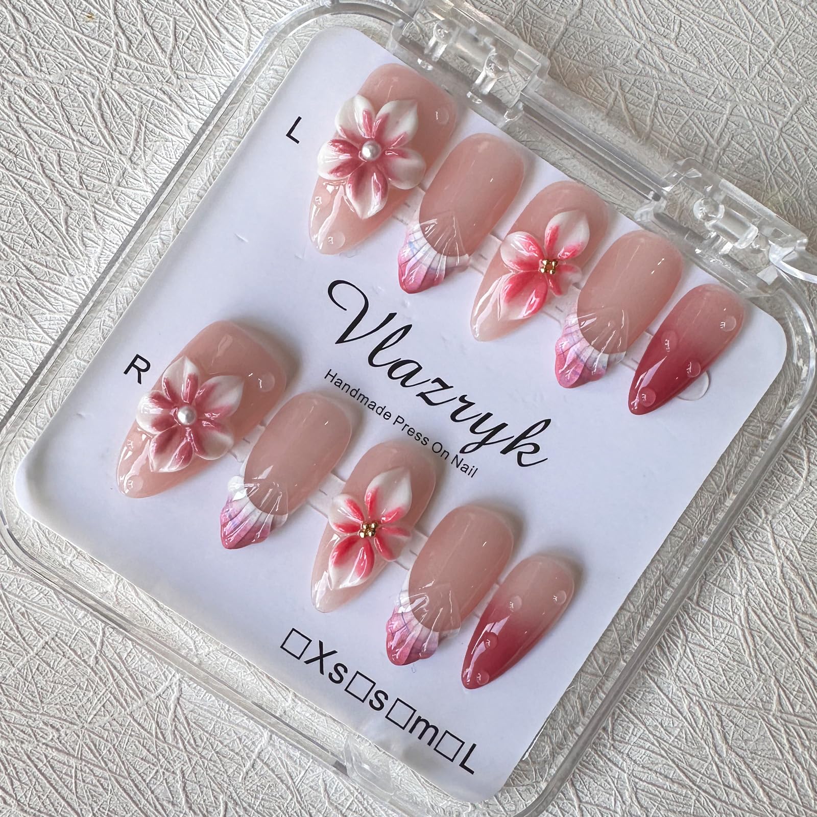 Vlazryk Flower Press Nails: medium almond shape with 3D ripple pearl for instant elegance