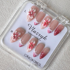 Vlazryk Flower Press Nails: medium almond shape with 3D ripple pearl for instant elegance