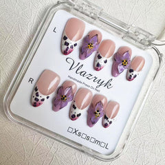 Vlazryk purple French almond nails with 3D flowers for elegant autumn style and easy at-home wear.