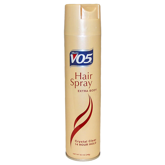 VO5 Crystal Clear Extra Body Hair Spray can delivers a fast-drying, long-lasting hold.