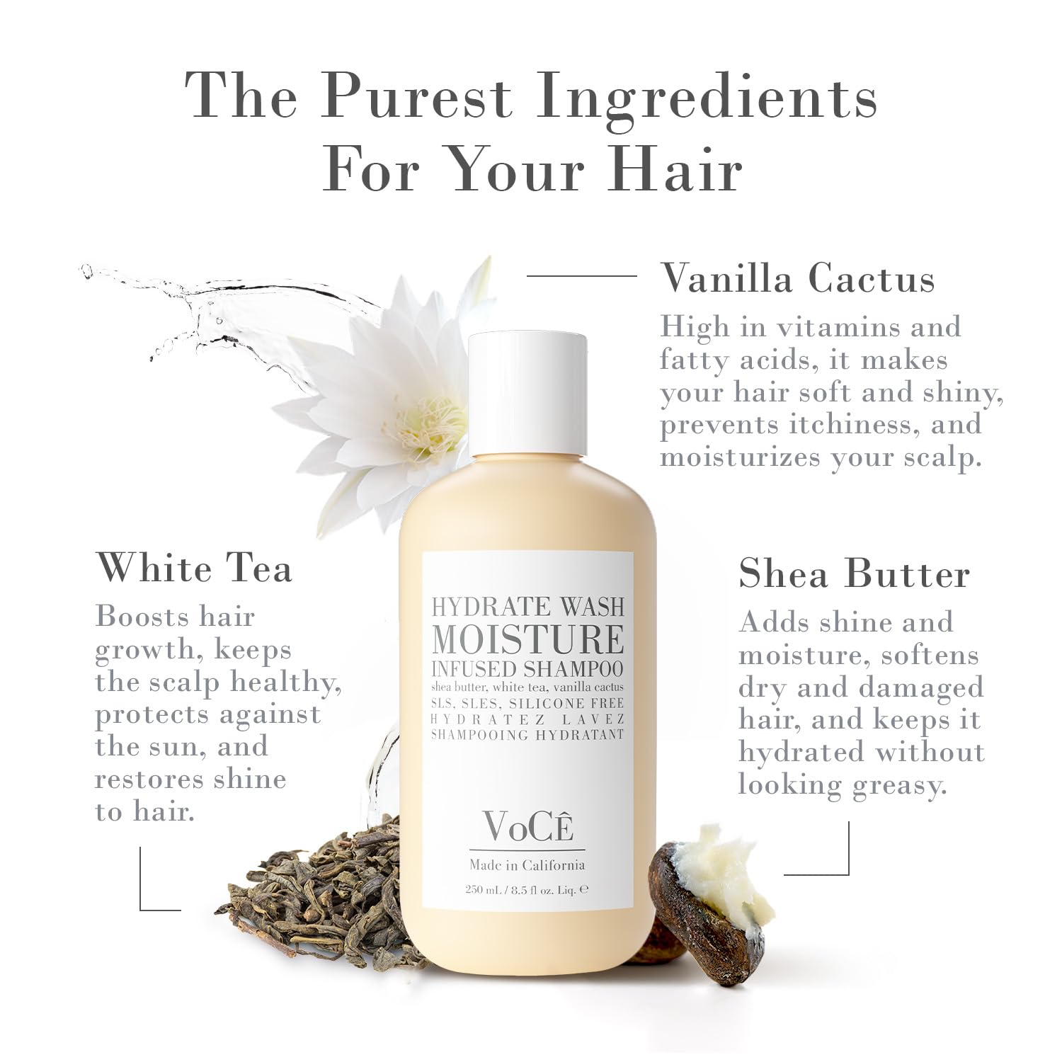 VoCÊ White tea extract highlighting refreshing scent and gentleness.