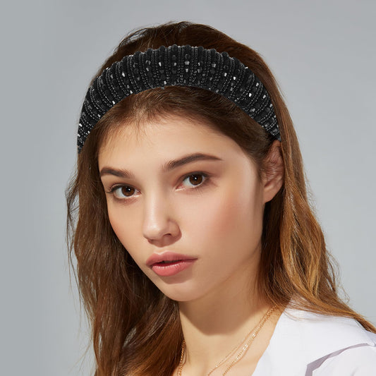 VOCOSTE crystal headband in black shows wearability and secure all-day hold.