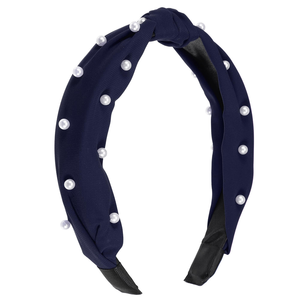 VOCOSTE satin knotted pearl headband in deep blue front view shows elegant shimmer and secure hold.