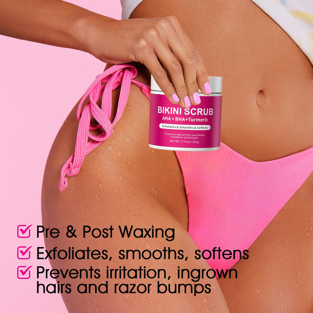 VOERUY Bikini Scrub bottle with peach scent suggesting spa-like pampering at home