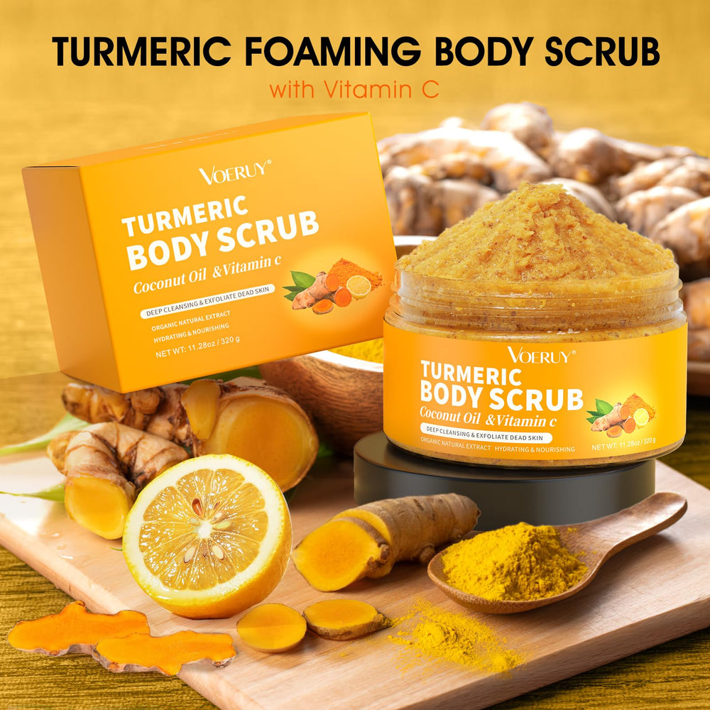 Cruelty-free, paraben-free VOERUY scrub logo emphasizes clean formula.