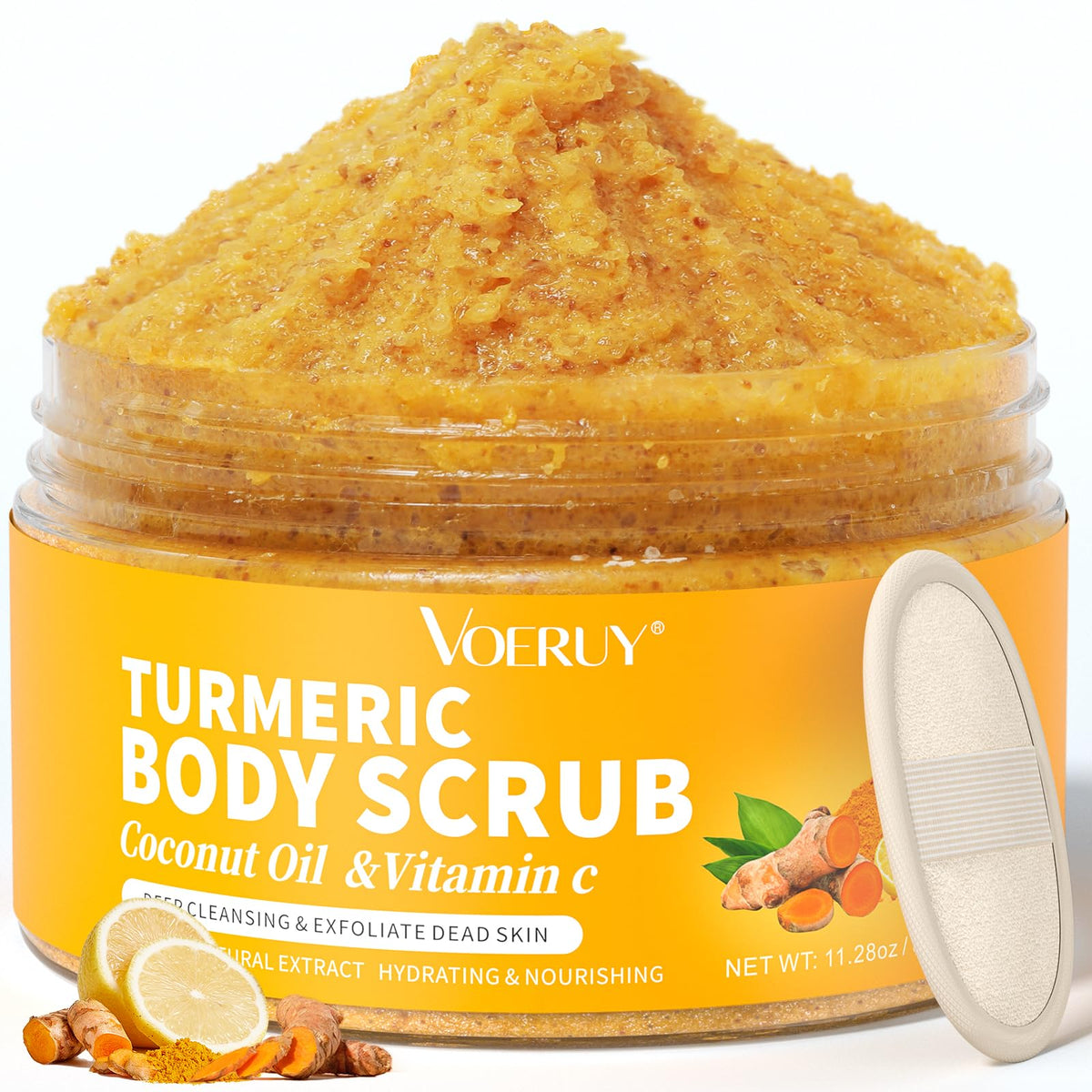 VOERUY Turmeric Body Scrub packaging shown for convenient, quick exfoliation.