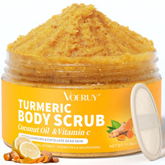 VOERUY Turmeric Body Scrub packaging shown for convenient, quick exfoliation.