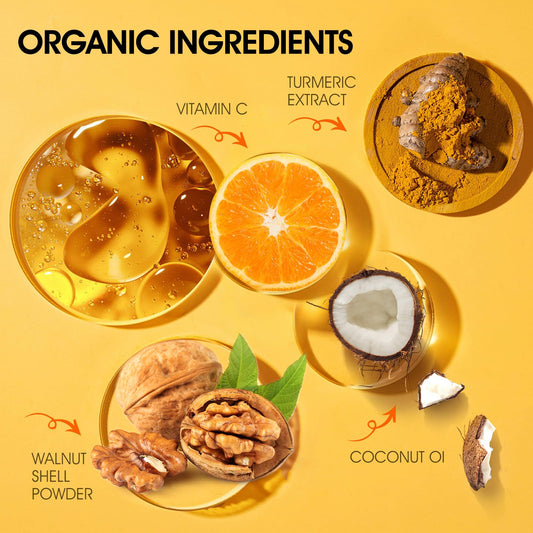 Close-up of scrub texture with salt granules and turmeric for gentle exfoliation.