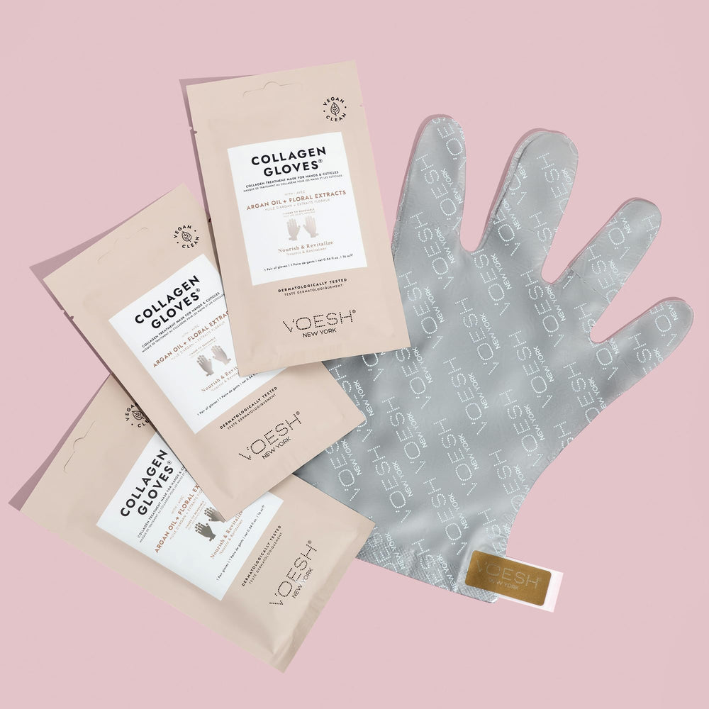 VOESH vegan collagen gloves close-up with argan oil and shea butter.
