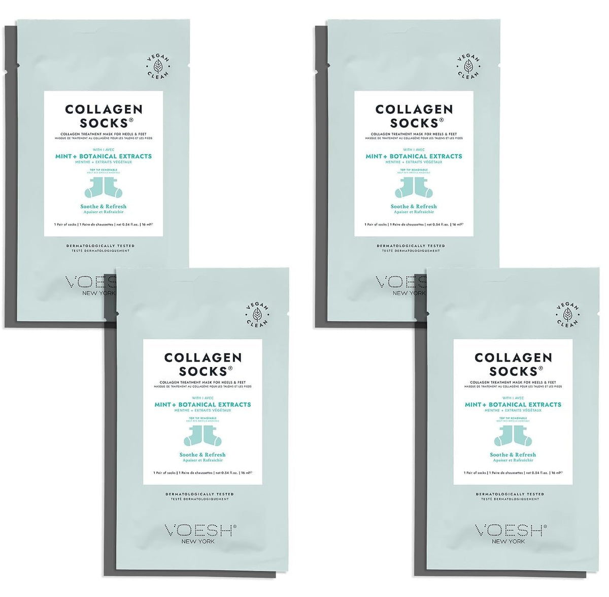 VOESH Collagen Socks 4-pack packaging shows vegan spa treatment convenience.