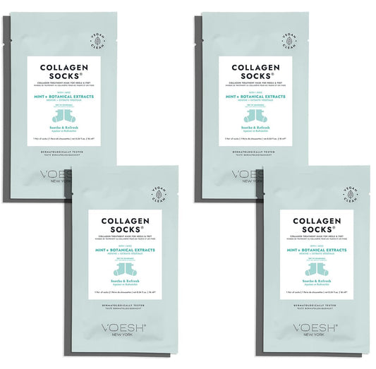 VOESH Collagen Socks 4-pack packaging shows vegan spa treatment convenience.