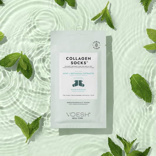 VOESH Collagen Socks peppermint oil close-up highlights soothing, moisturizing formula.