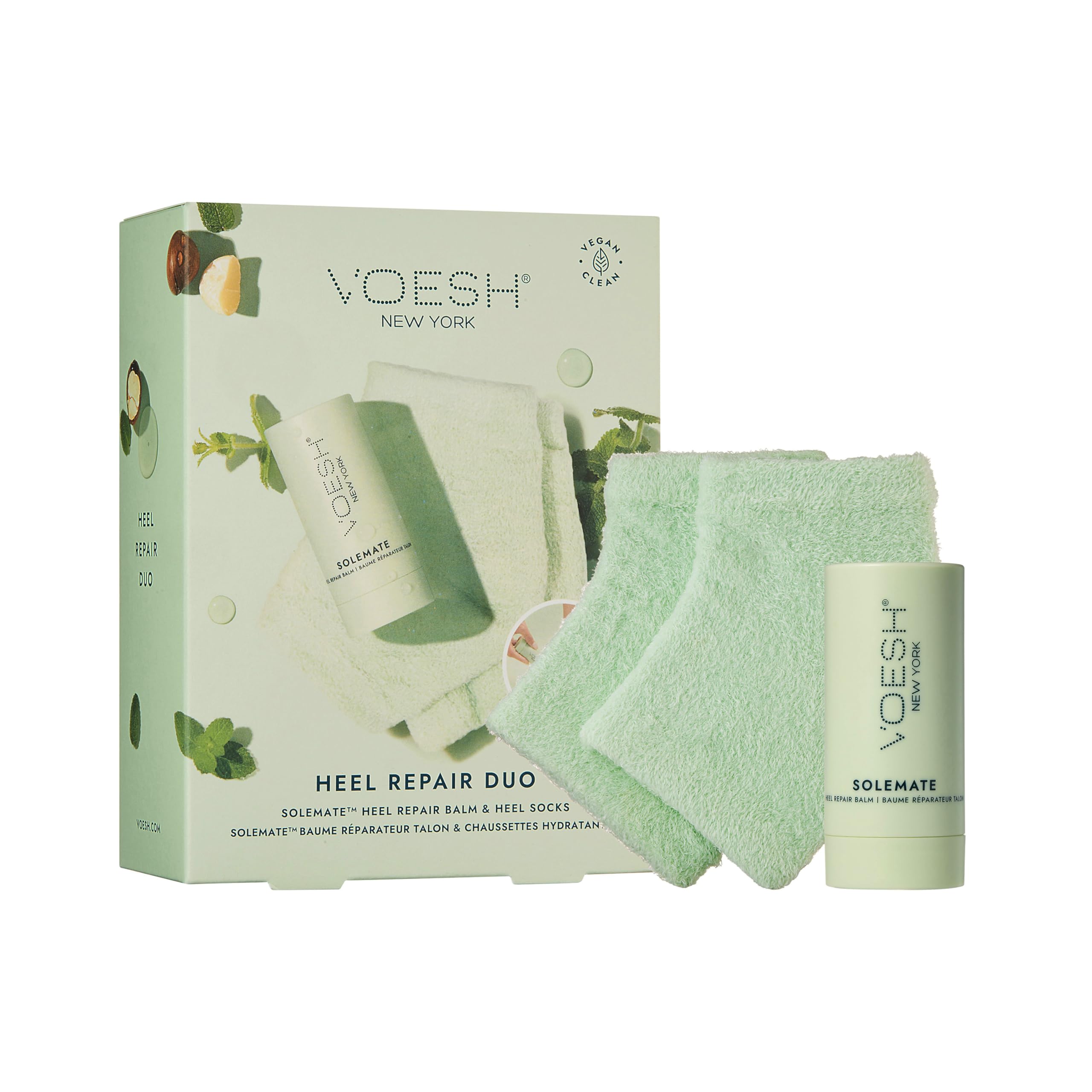 VOESH Solemate Heel Repair Balm stick in hand for quick hydration.
