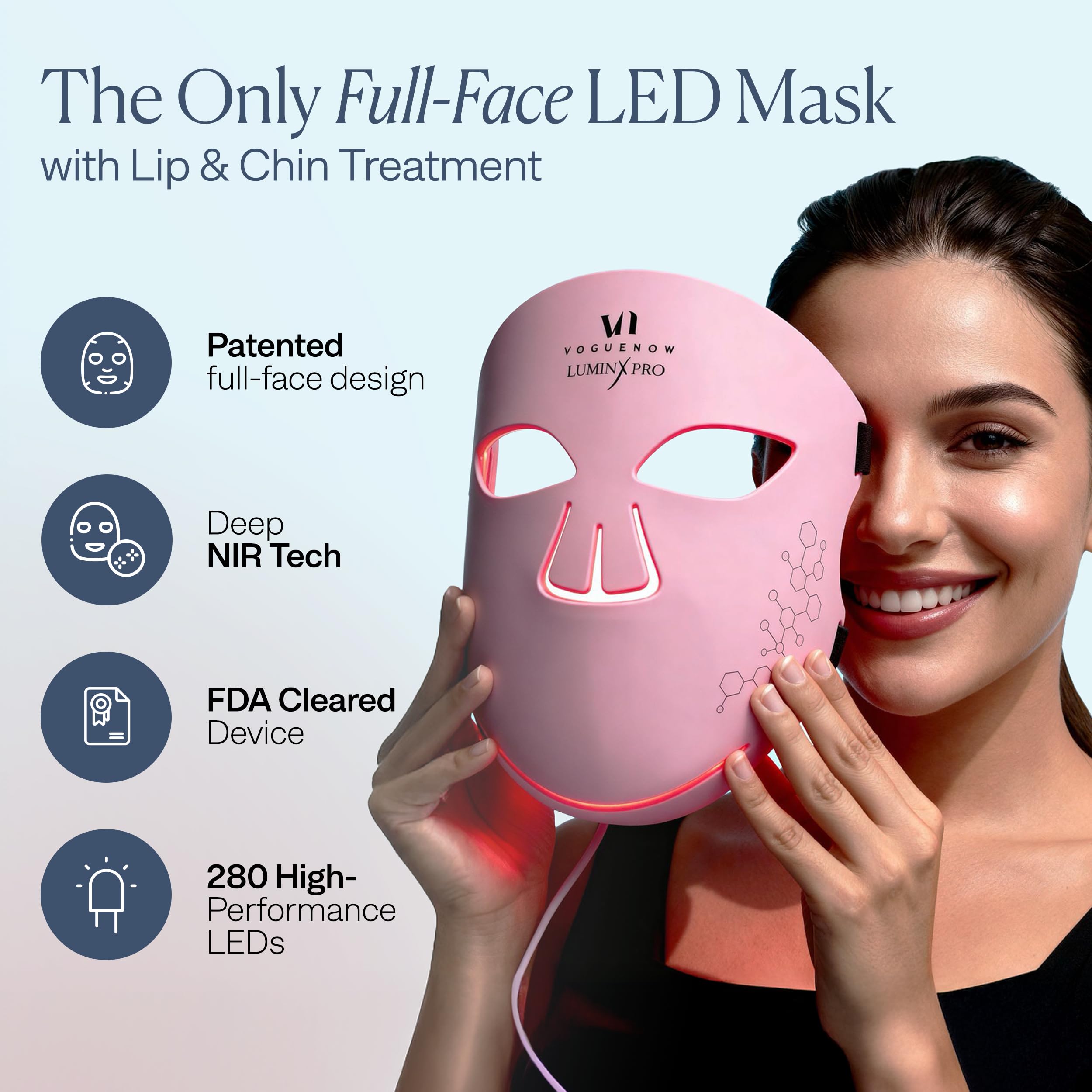 VogueNow LuminX Pro 280-LED array provides balanced illumination for salon-like results at home.