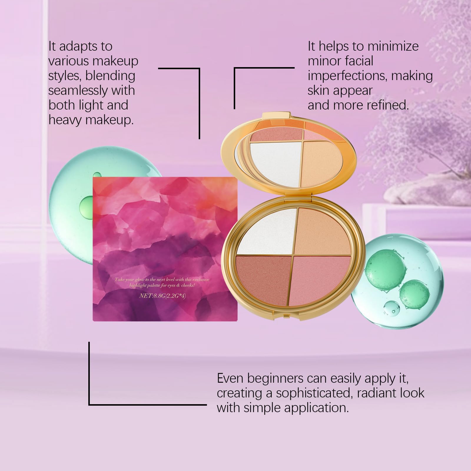 VOGUZY Highlighter soft glow pan adds a subtle radiance.