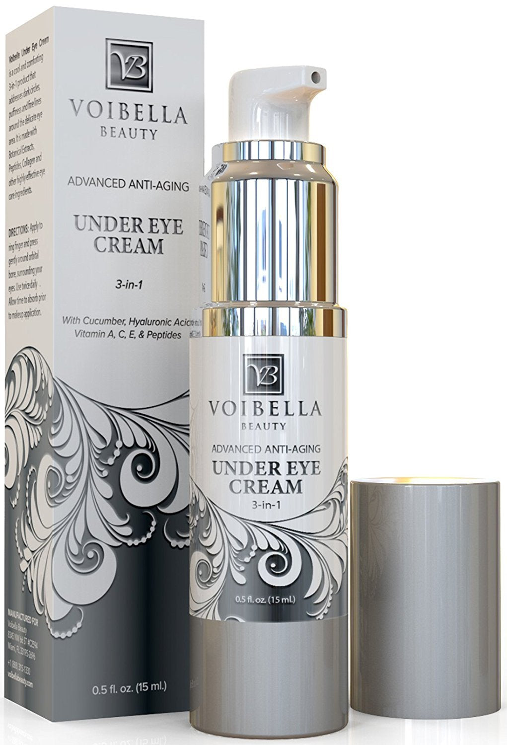 VOIBELLA Beauty Under Eye Cream bottle close-up, depuffing and hydrating formula visible.