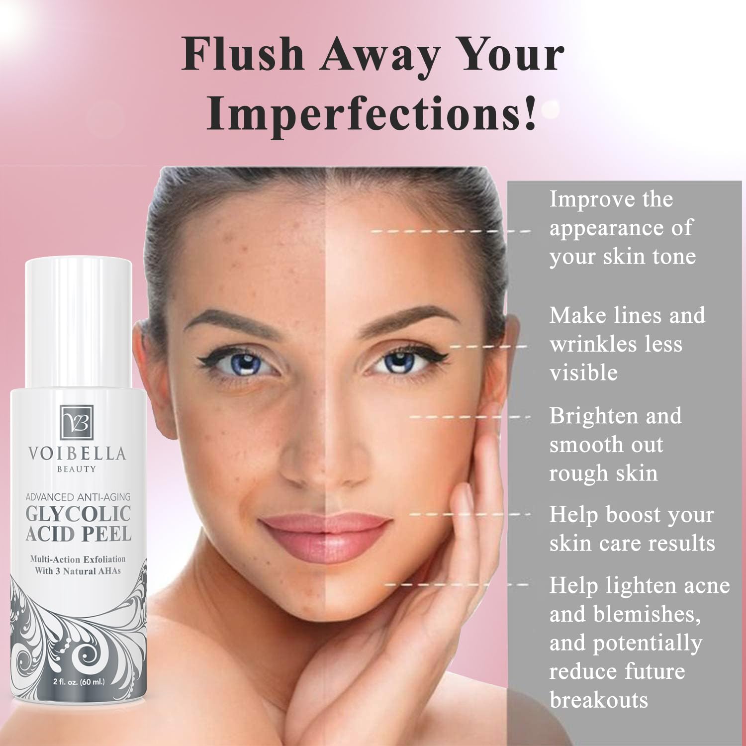 VOIBELLA BEAUTY Glycolic Peel mask in use for gentle exfoliation and clearer skin.