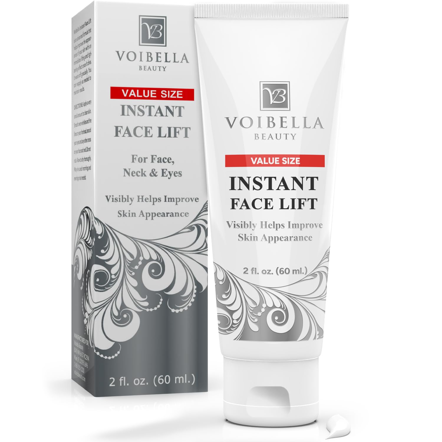 VOIBELLA BEAUTY Instant Face Lift Cream bottle showing quick-tightening effects.