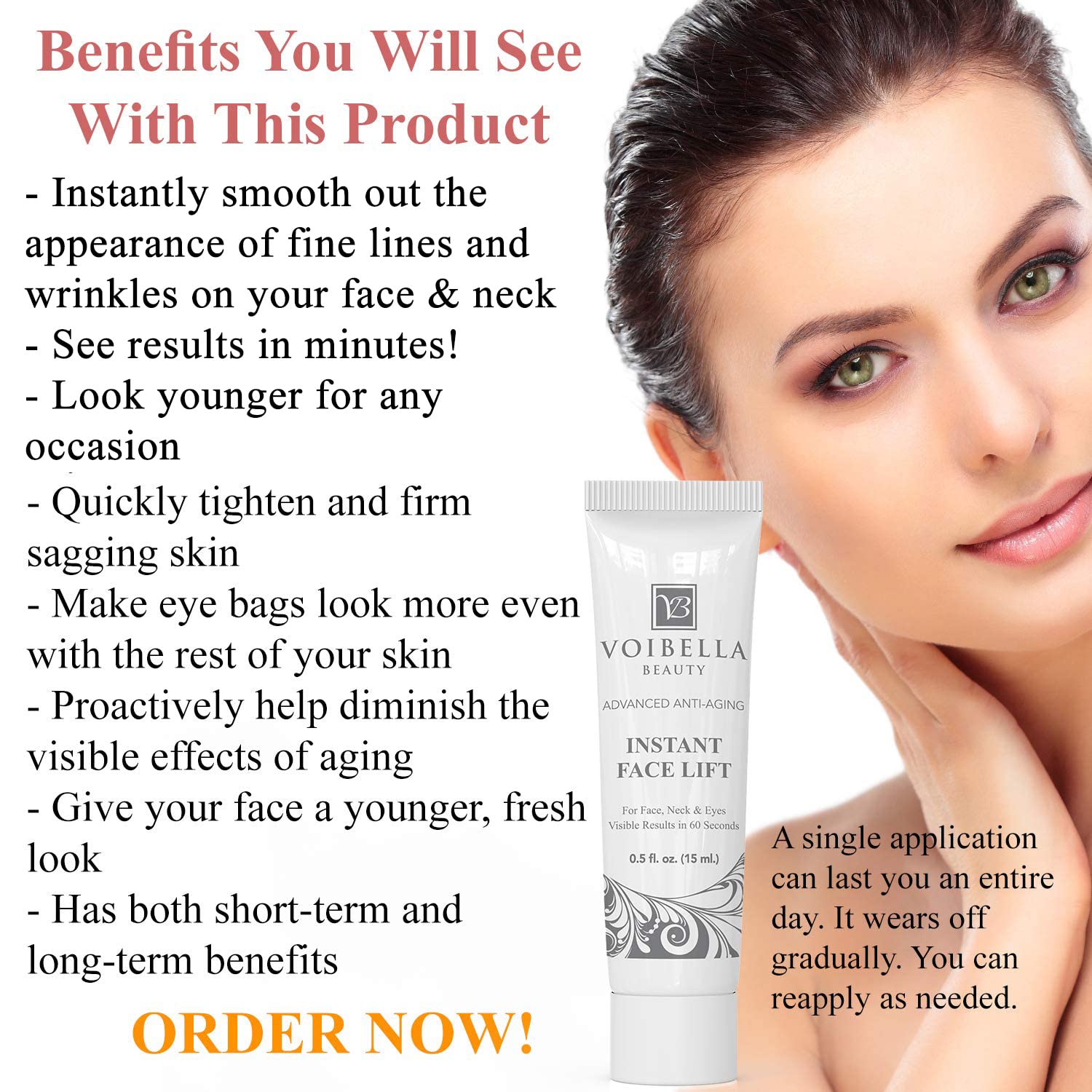 Voibella eye-area tightening application highlights refreshed eyes and reduced puffiness.