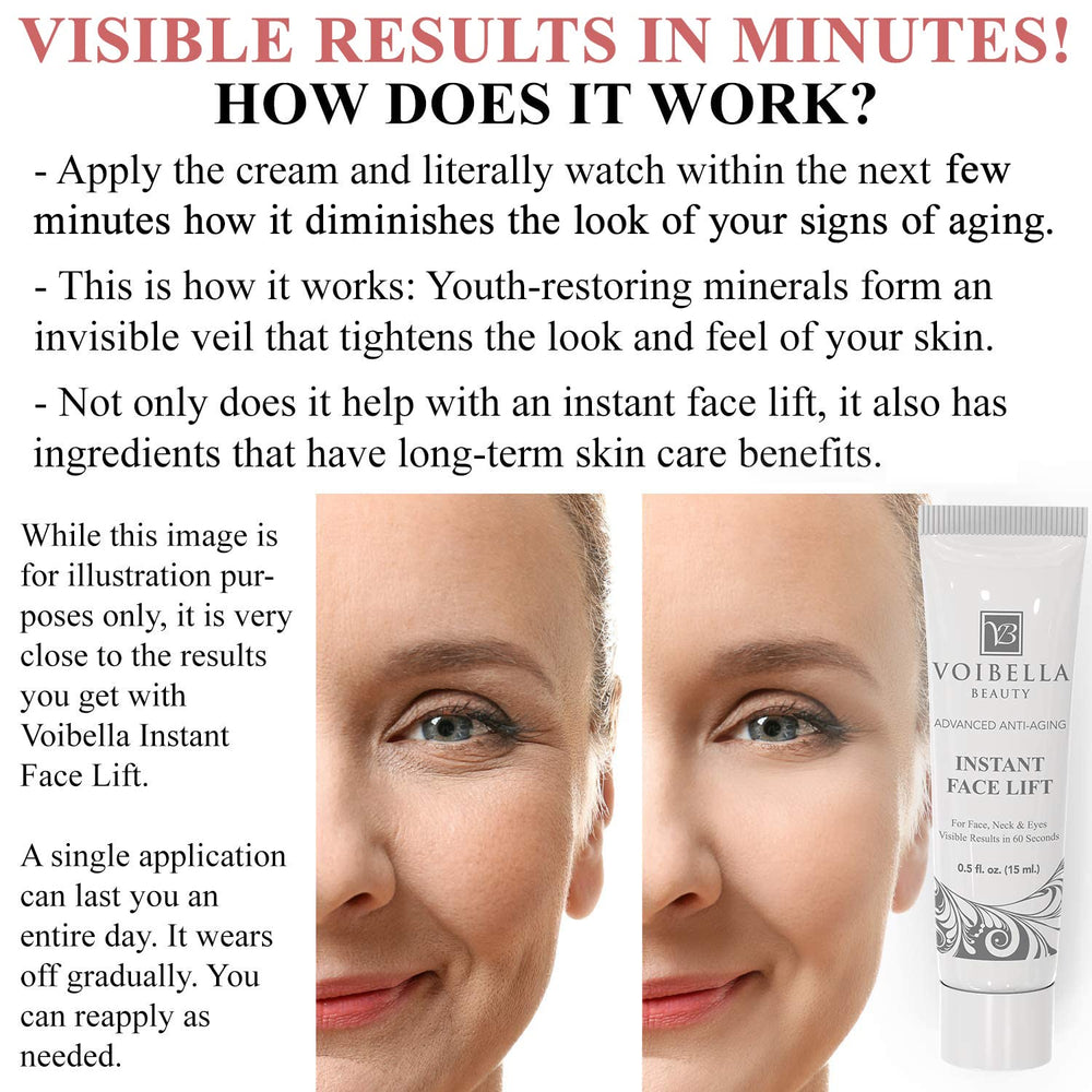 Voibella neck firming action demonstrates a visibly lifted neckline.