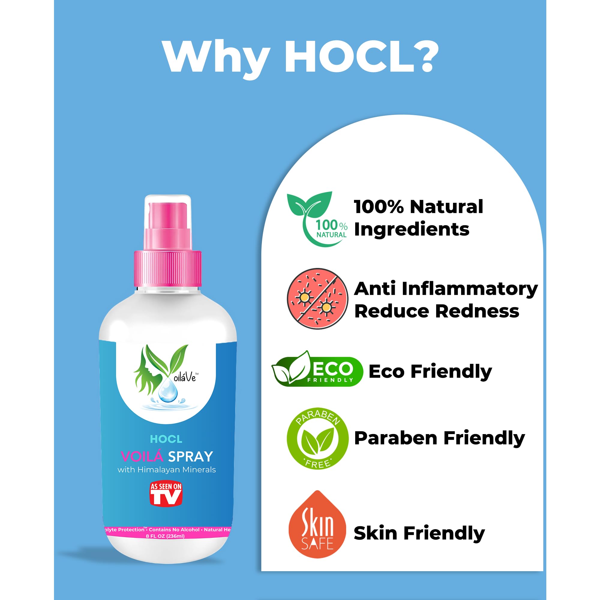 VoilaVe HOCL Spray mist on skin showing refreshing, gentle application.