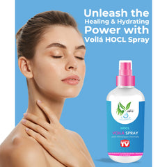 VoilaVe HOCL Spray used on the face for soothing refreshment.
