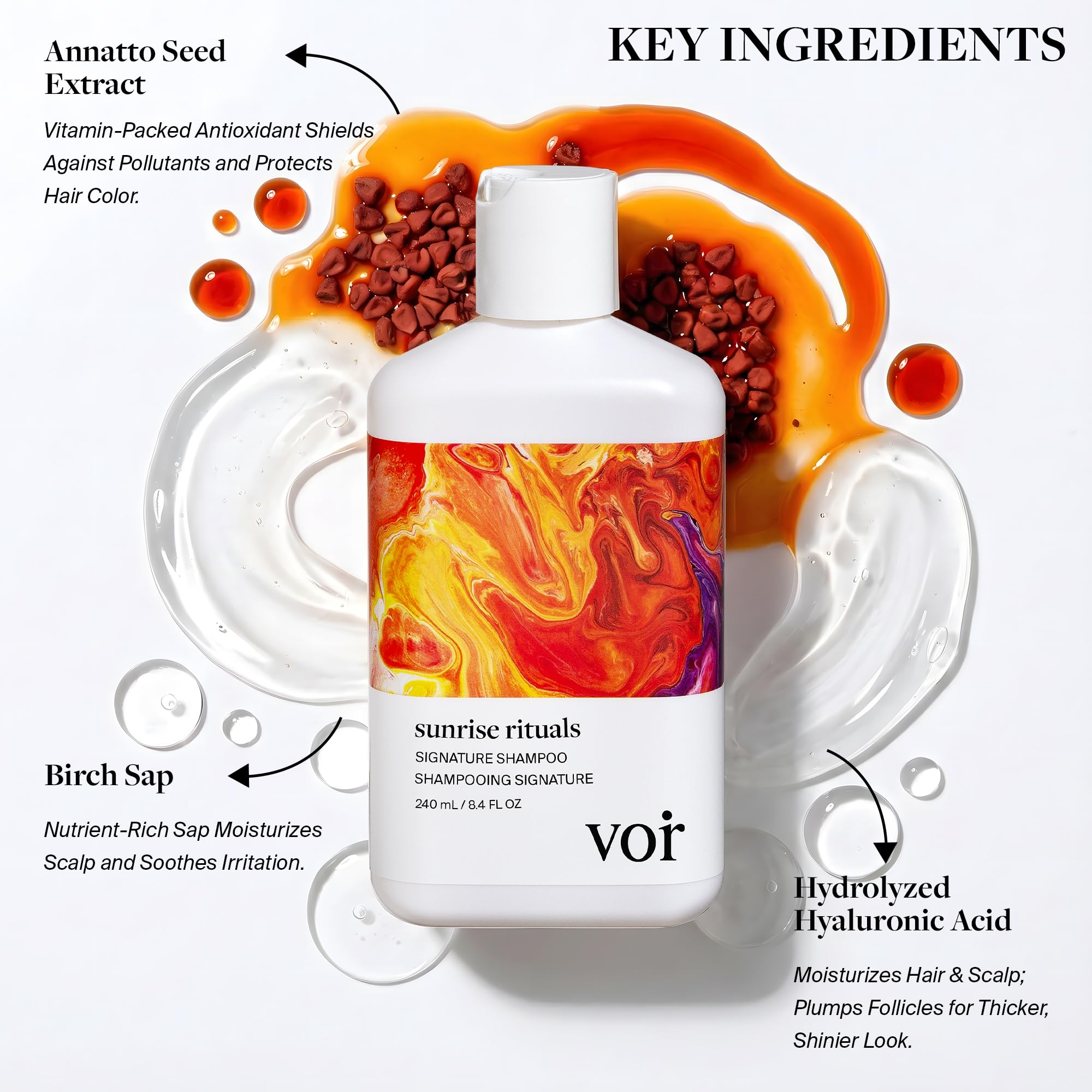 Voir Haircare Hyaluronic Acid Shampoo botanical infusion natural ingredients around bottle