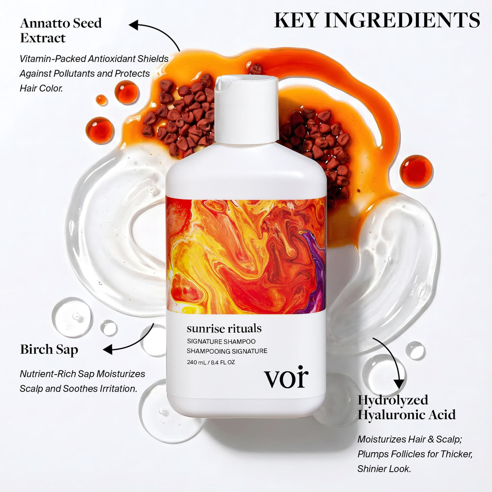 Voir Haircare Hyaluronic Acid Shampoo botanical infusion natural ingredients around bottle