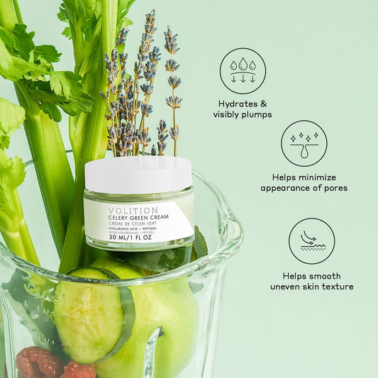 Volition Celery Green Cream packaging box on display highlights vegan, clean formula.