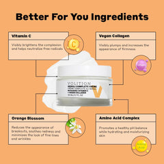 Closeup of Volition Neroli Complete Creme label highlights vegan, cruelty-free formula.