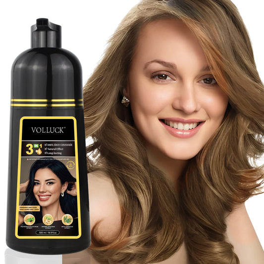 VOLLUCK Hair Dye Shampoo bottle presents light brown shade for easy at-home color