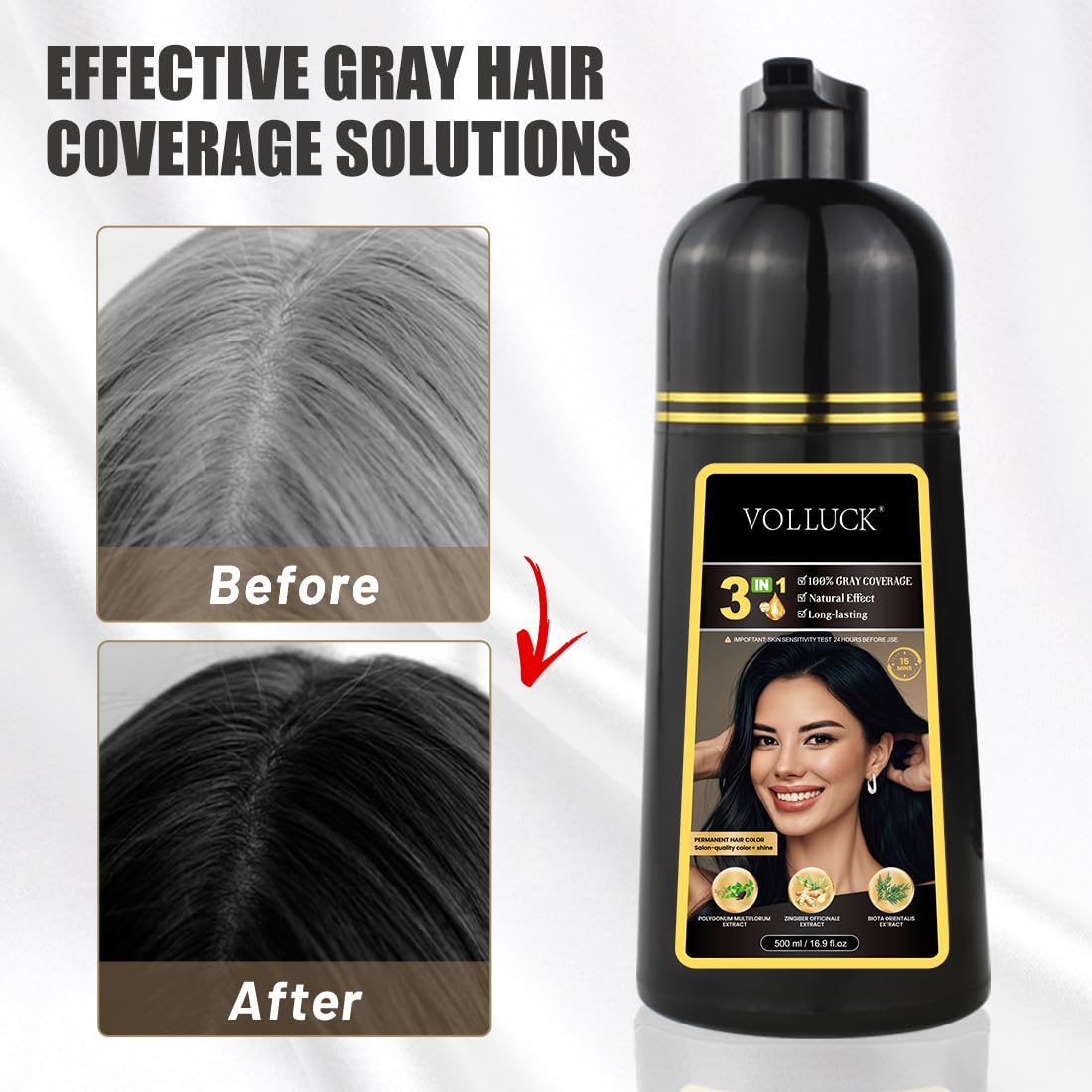 VOLLUCK Hair Dye Shampoo gray coverage before and after transformation