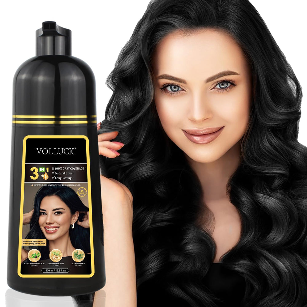 VOLLUCK Hair Dye Shampoo packaging shows 3-in-1 color care for gray coverage