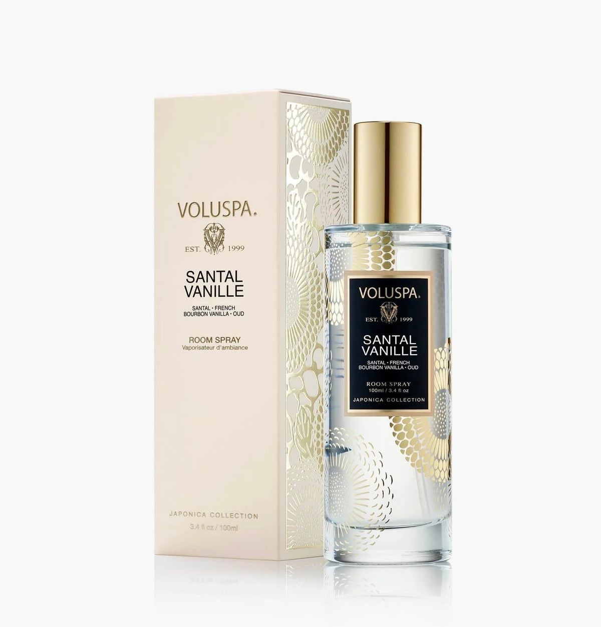Voluspa Japonica Santal Vanille spray bottle releasing a rich vanilla scent to refresh rooms.