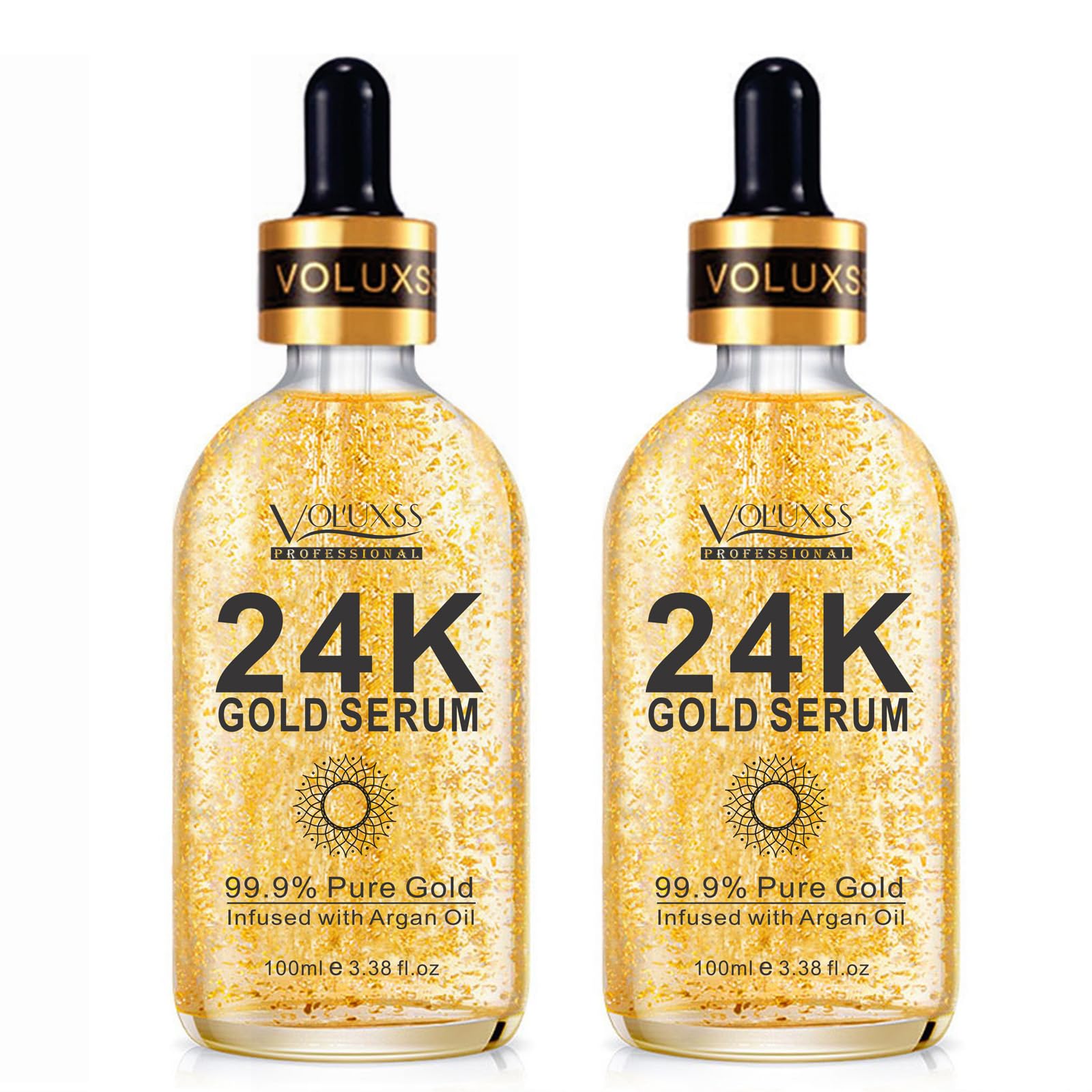 Voluxss 24K gold serum bottle closeup for radiant skin.