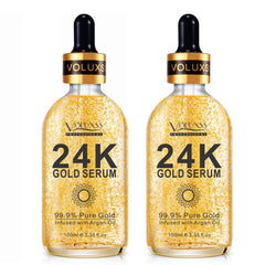 Voluxss 24K gold serum bottle closeup for radiant skin.
