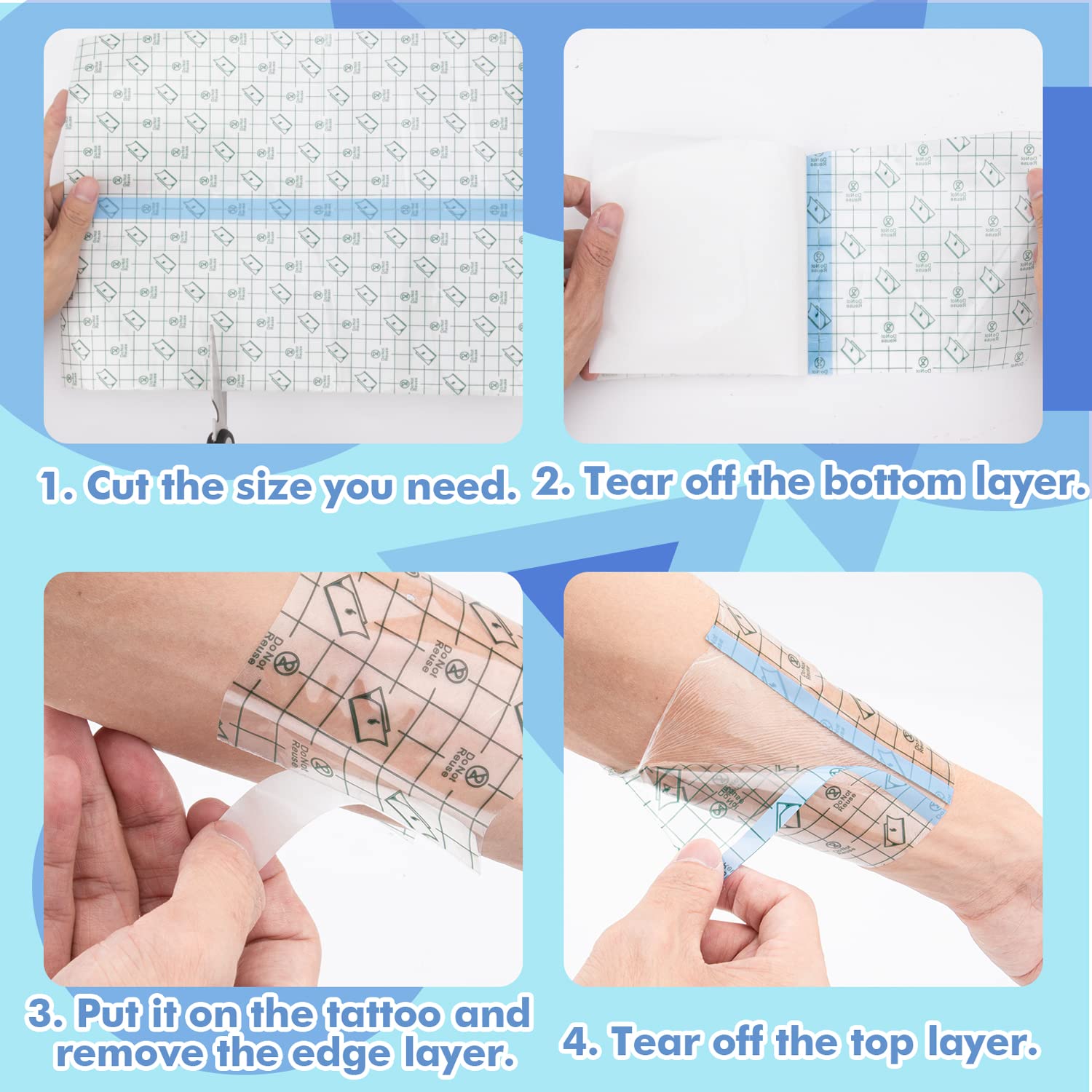 Long 25 cm by 10 m roll covers large tattoo areas.