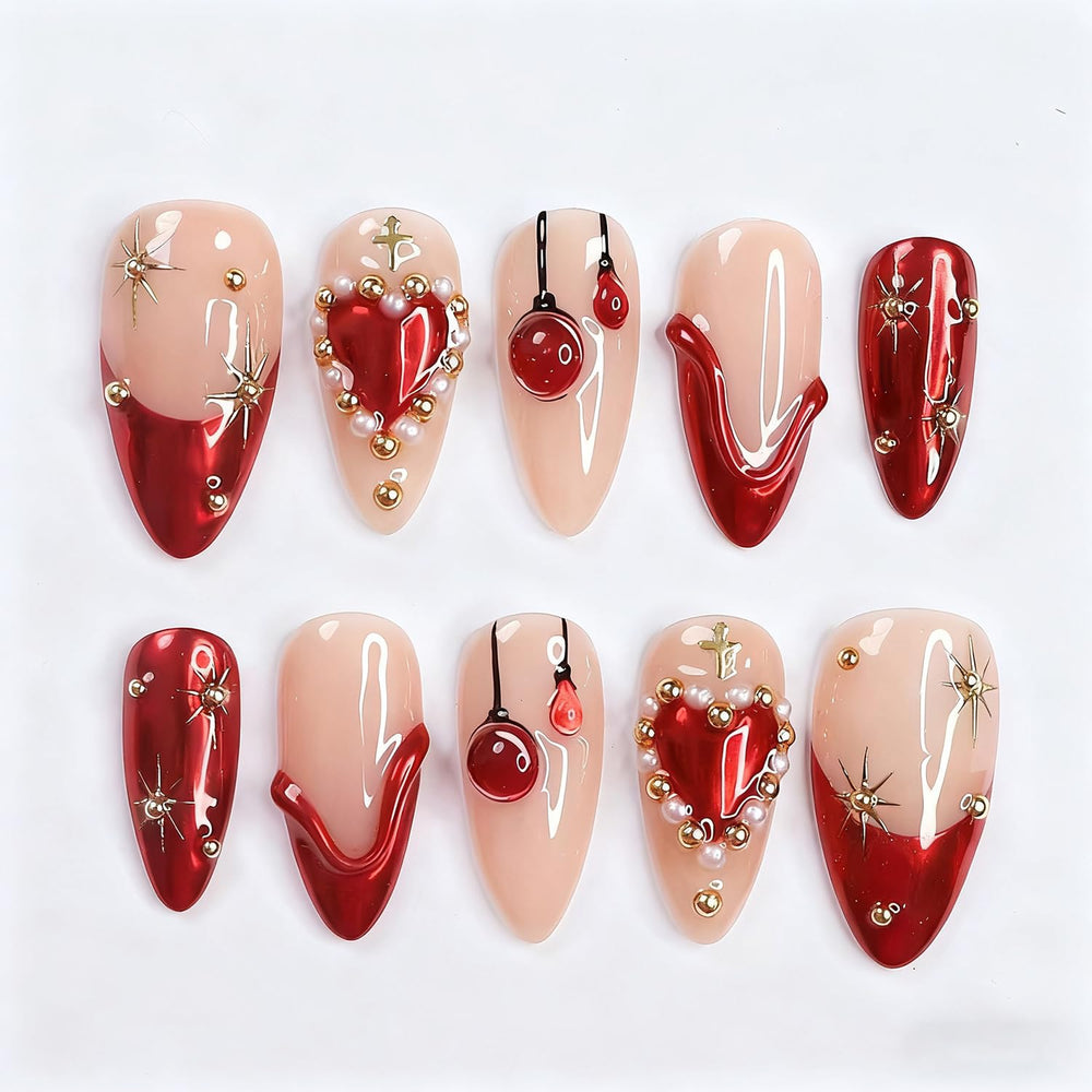 Vopintpy Romantic Valentines nails with red heart 3D design for stylish DIY manicure